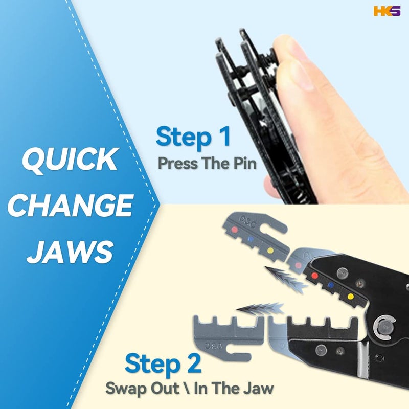 HKS Ratcheting Crimping Tool Set 8 PCS - Quick Exchange Jaw for Heat Shrink Terminals  Non-Insulated  Open Barrel  Solar Conncetors  Insulated and Non-Insulated Ferrules AWG 20-2 - Image 4
